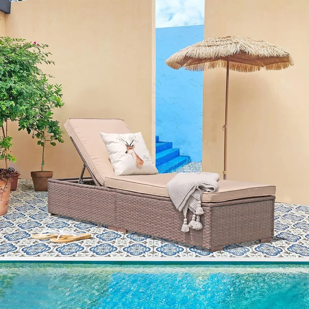 

Patio Chaise Lounge Chair, Sun Lounger, Outdoor Pool Beach Brown PE Rattan Wicker Reclining Chair W/Adjustable Backres