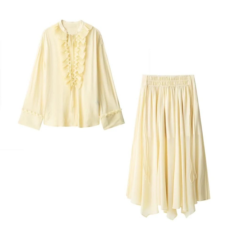 

Nimossa 2025 Women's Long Sleeve Blouse and Elastic Waist Asymmetrical Skirt Set in Cream for a Chic Look Ruffled Collar