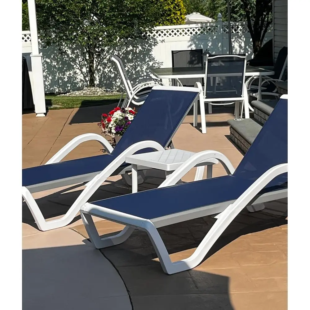 

3-Piece Outdoor Stackable Plastic Chaise Lounge Set with Armrests, Side Table, and Navy Blue for Pool, Beach, Deck