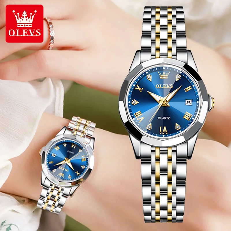 OLEVS Original Watch for Women Stainless Steel Waterproof Date Quartz Watches Diamond Dial Elegant Ladies Wristwatch Reloj Mujer