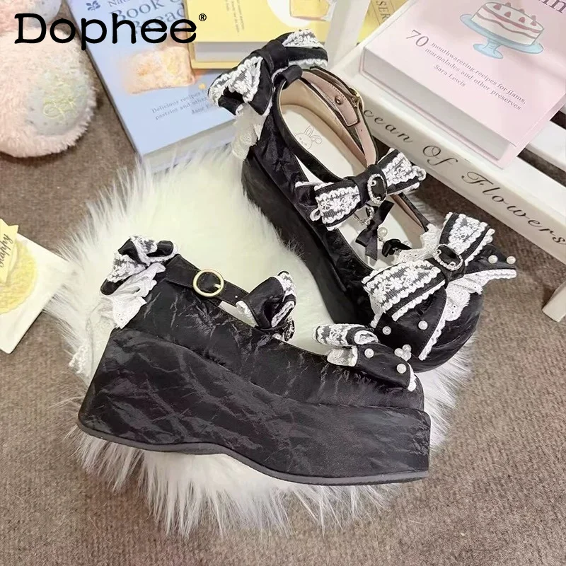

Original Mine Lolita Cos Black Platform Muffin Shoes Girls Women's Sweet Elegant Bow Lace Lo Mary Jane Shoes High Heel Pumps