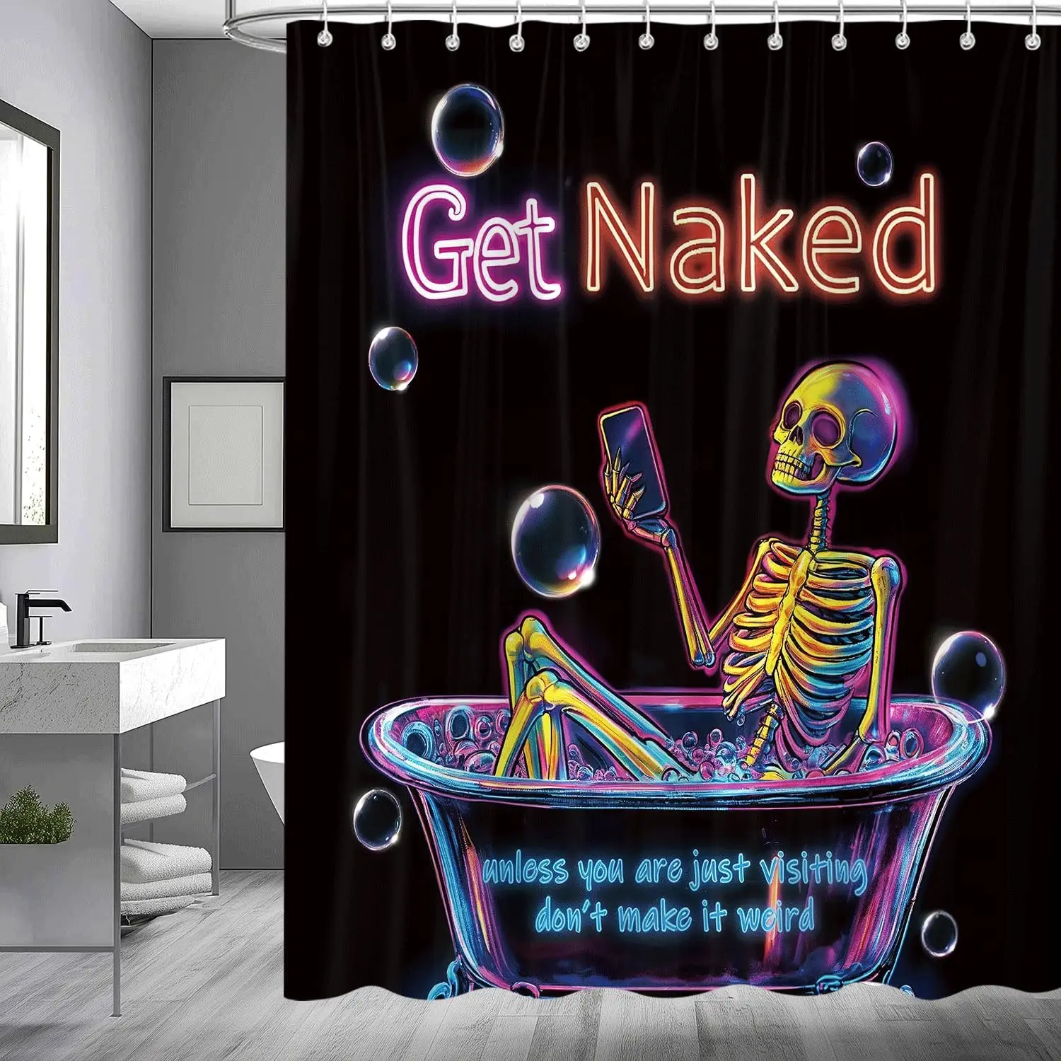 Funny Halloween Shower Curtain, Neon Cool Black Gothic Skull Skeleton Witchy Bathroom Curtains Fun Colorful Bubbles Unique