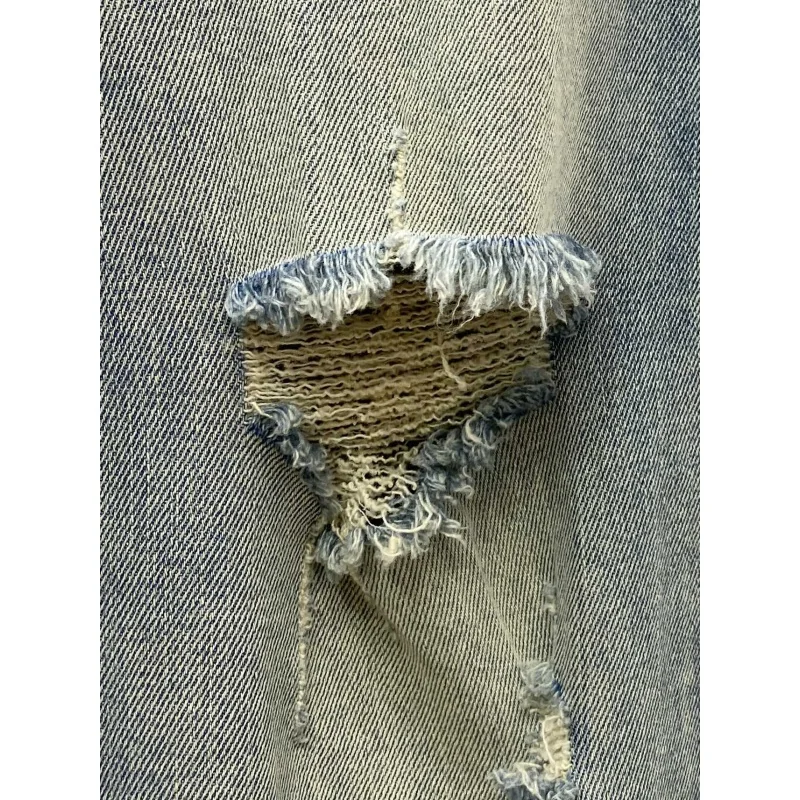 Light Blue Jeans Men's Broken Hole Design Trendy High-End Slim-Fitting Small Straight Stretch Casual All-Matching Retro Pants