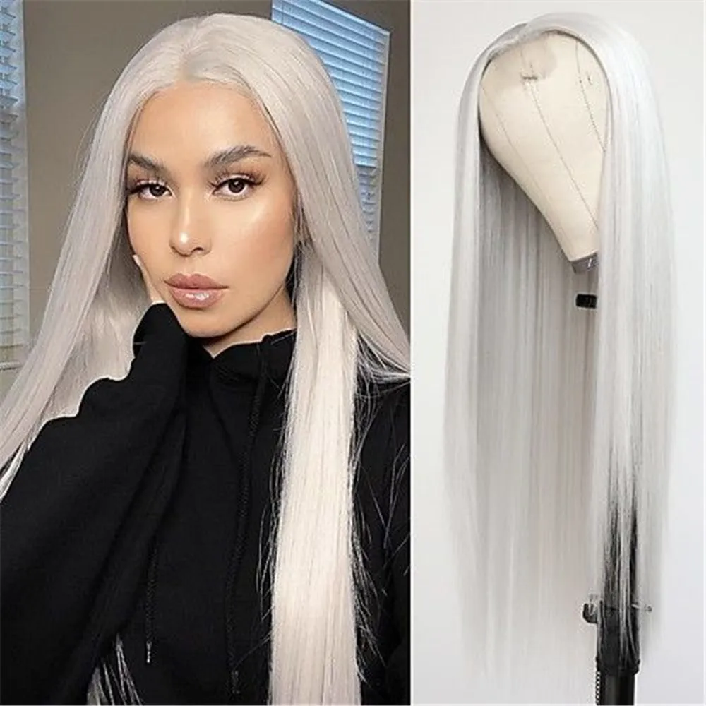 

Silver Gray Long Straight Synthetic Lace Wig Middle Part Natural Hair Wig for Women Platinum Gray Straight Wig 22inches