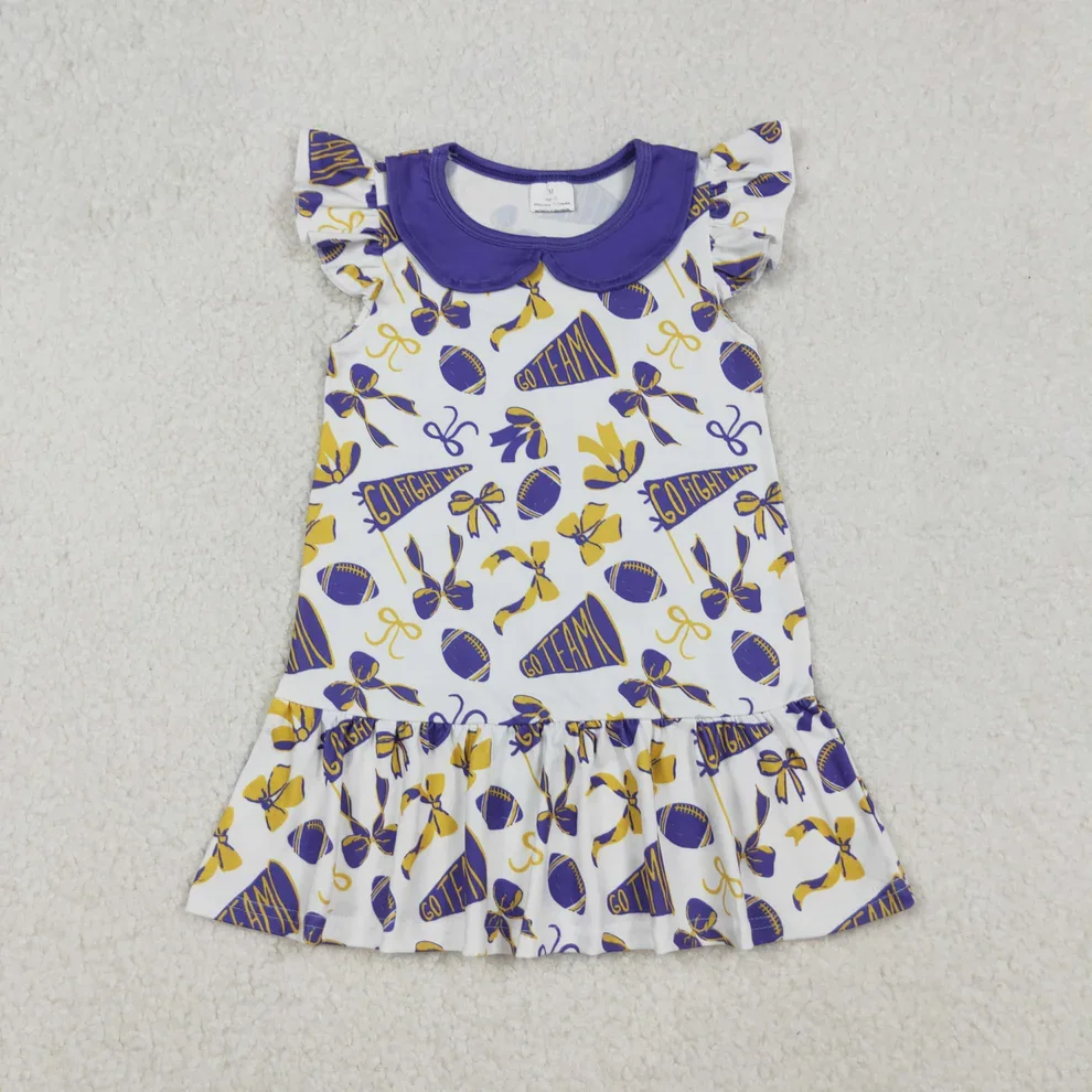 

New Arrival Purple Color Children Clothing Girls Dresses Bow Flying Sleeve Dress High Quality Go Team Dress