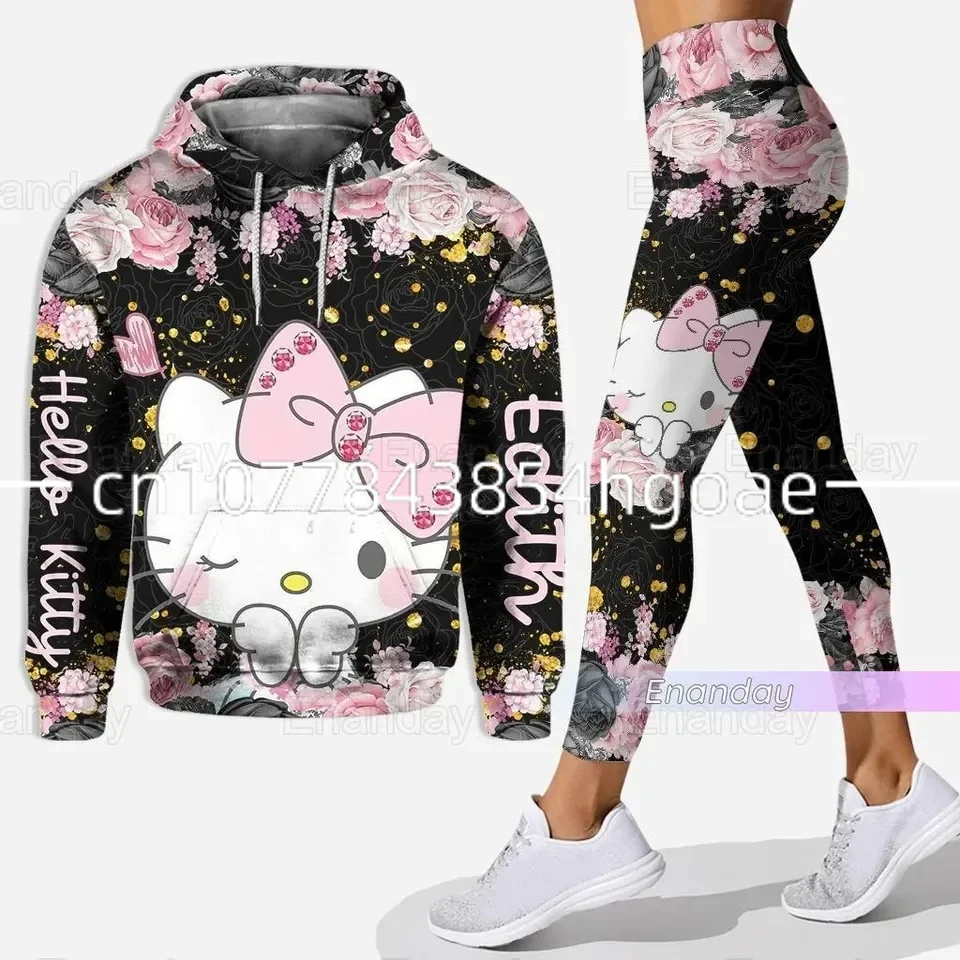 2024 New Hello Kitty 3D Hoodie Women\'s Hoodie Leggings Suit Stitch Yoga Pants Sweatpants Fashion Sports Suit Disney Yoga Suit