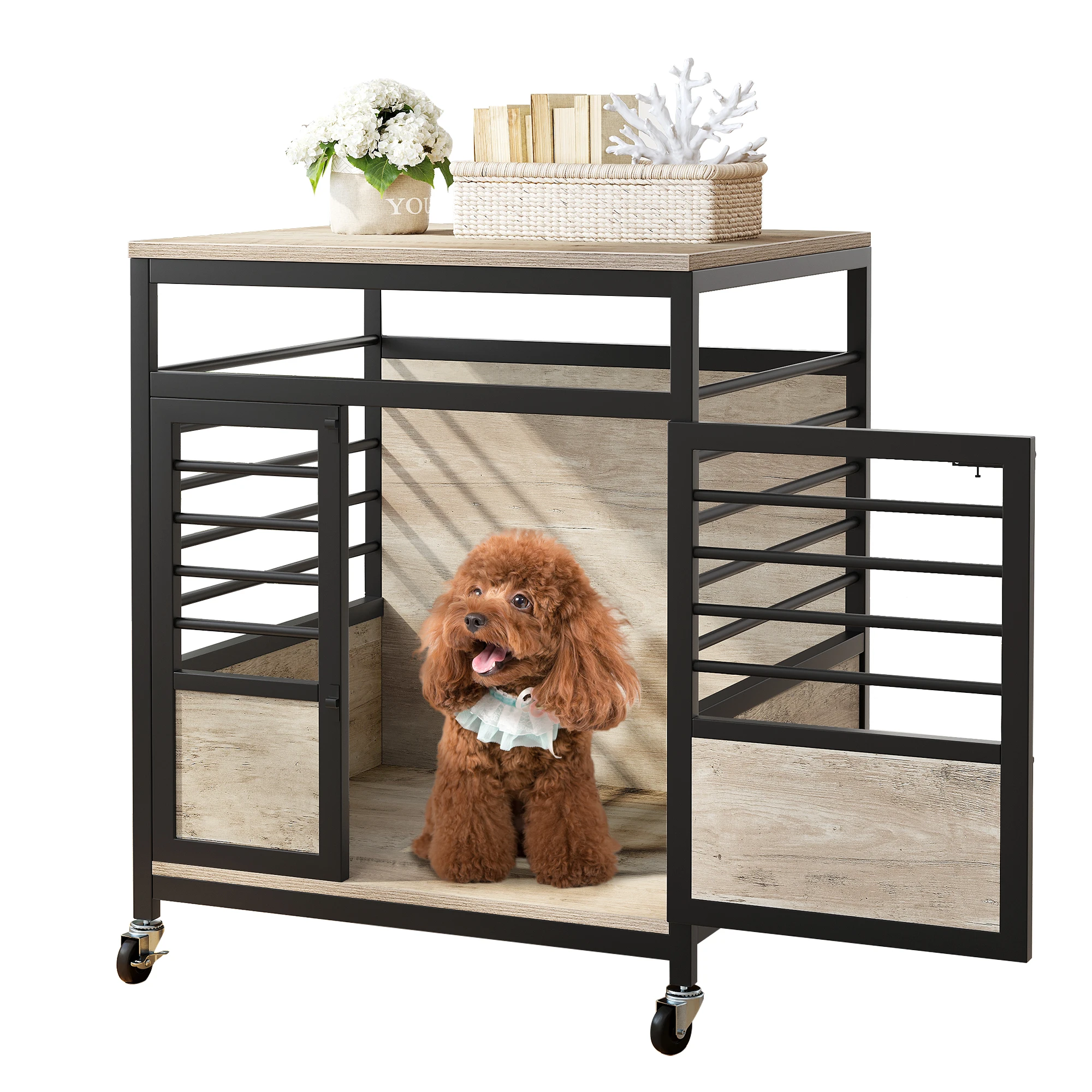 24'' Small Dog Crate Furniture Heavy Duty Wood Dog Kennel House Cage with Wheels