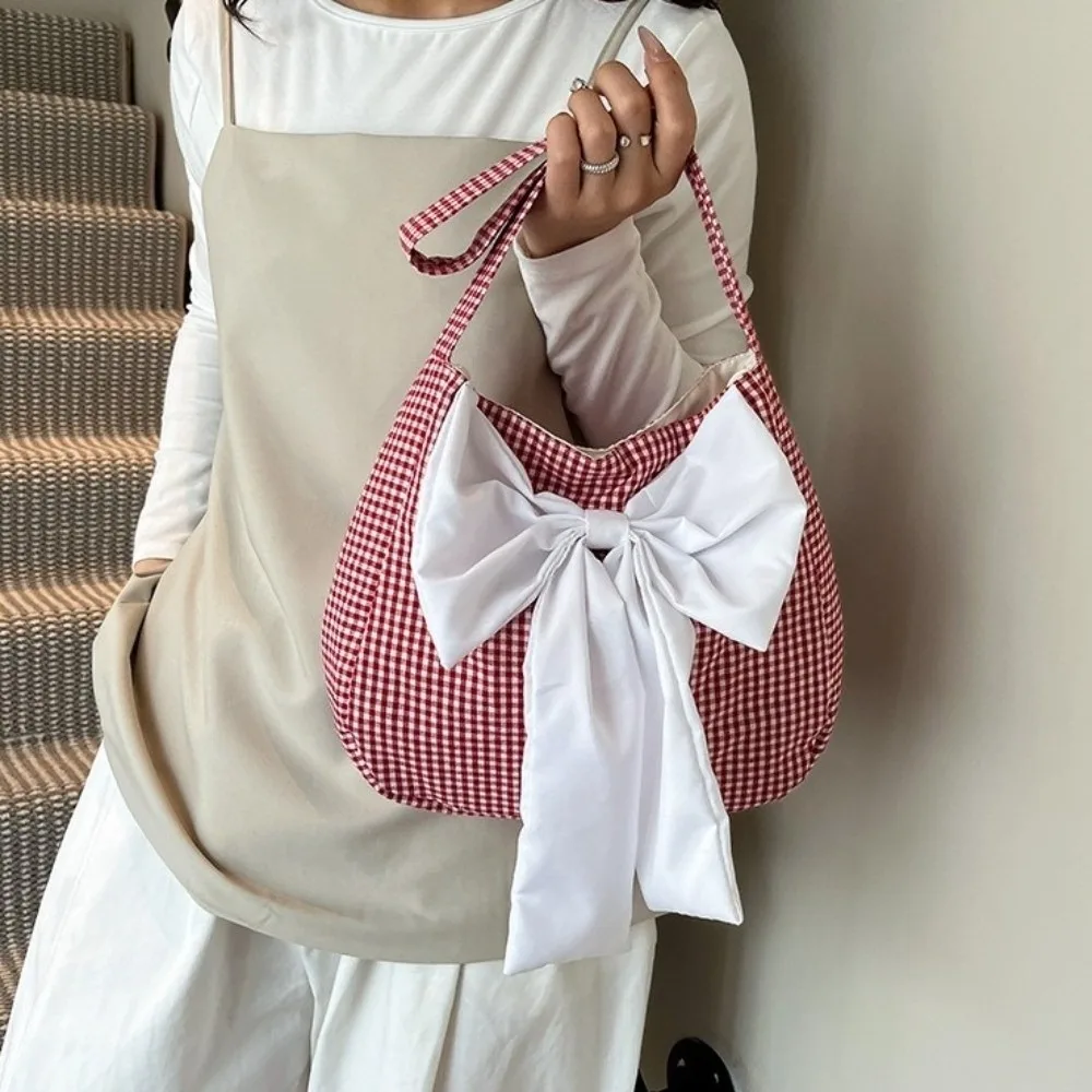 

Simple Lattice Bow Shoulder Bag Cloth Japanese Style Plaid Shoulder Bag Commuting Leisure Canvas Tote Bag Women
