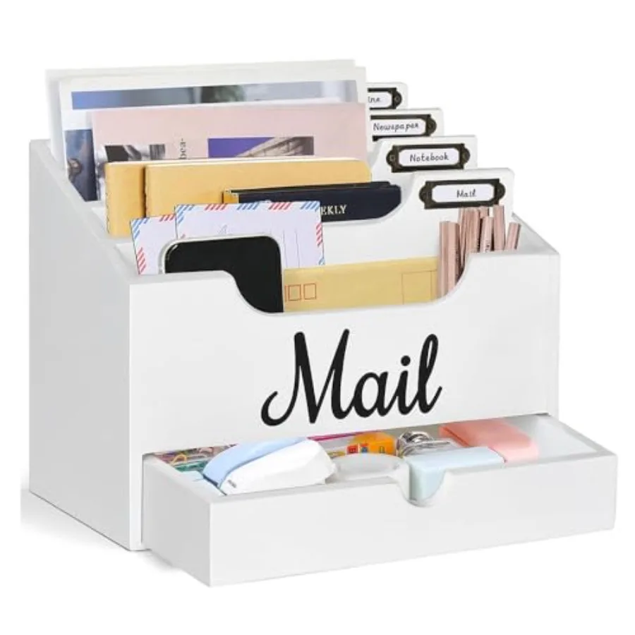 

Wood Desktop Mail Organizer, Mail Organizer Countertop with 4 Compartments and Drawer, Wood Mail Holder Sorter Organizer Holder