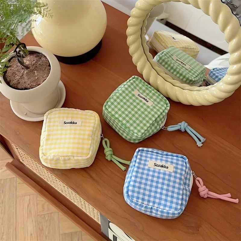 

Large Capacity Plaid Mini Cosmetic Bag Candy Color Makeup Bag Sanitary Napkin Storage Bag Cotton Cloth Small Item Bag