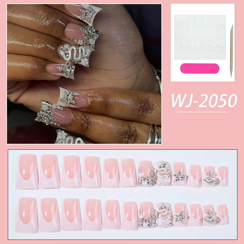 24 pièces Long canard noir pointe française presse sur ongles croix en alliage 3D, décoration en forme de serpent avec design en strass adapté parfaitement