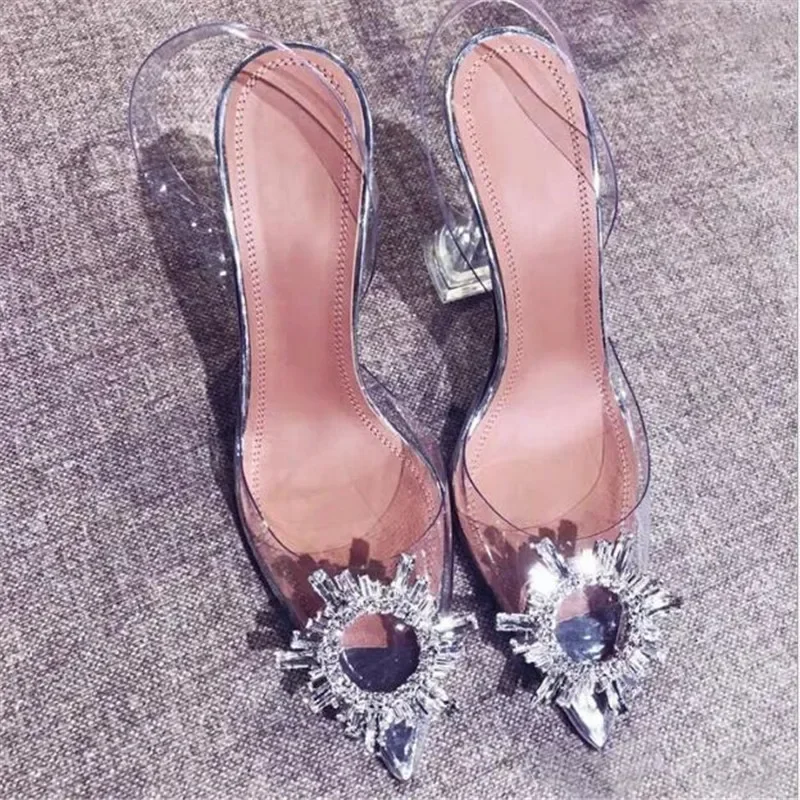 transparent crystal sunflower drill buckle pointed super high heels wine glass wedding shoes large sandals for women