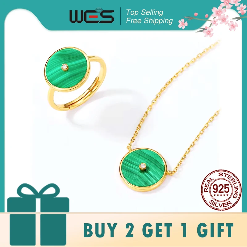 

WES 925 Sterling Silver Malachite Jewelry Set for Woman Gold Plated Retro Vintage Ring Necklace Wholesale Engagement Gift