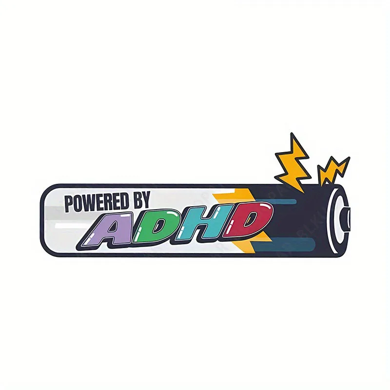 Powered By ADHD Battery Waterproof Vinyl Sticker For Car Motorcycle Helmet Laptop Decor, Assorted Colors