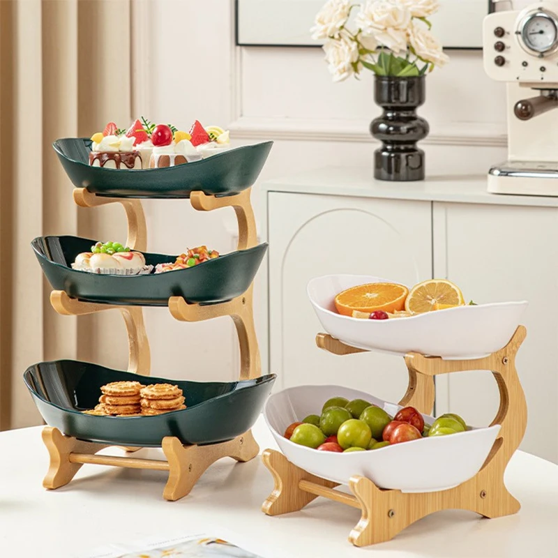 

Double/Three Layer Fruit Bowl with Bamboo Wood Stand Kitchen Vegetable Storage Basket Cake Tray Plate Rack for Party Wedding