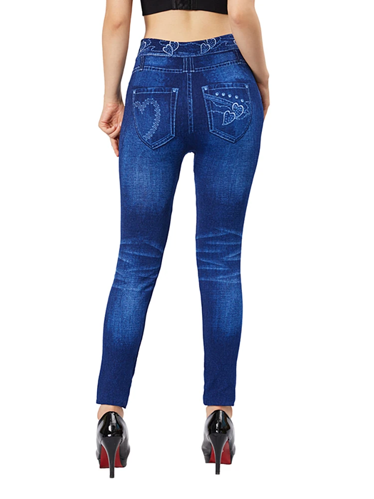 CUHAKCI Women Love Print vita Blue Jeans finti Slim Fit Faux Denim Pencil Pants Workout Yoga Leggings Stretch Casual Jeggings