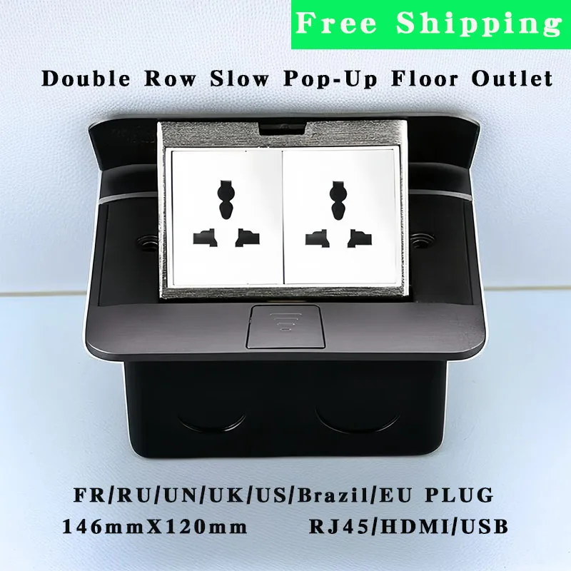 

146mmX120mm Double Row Slow Pop-Up Floor Outlet EU/FR/RU/US/UK/UN/Brazil Plug 220V 16A Slow Hidden Socket For Office Kitchen