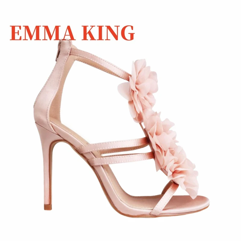 زهرة ديكور الساتان صنادل عالية الكعب الصيف المرأة الخناجر صنادل طراز جلاديتور موضة عودة زيبر فستان الحفلات أحذية 44 #6