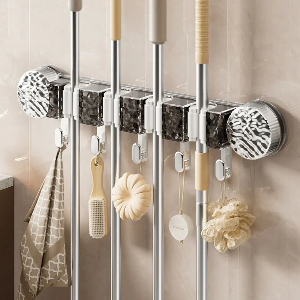 Creative Plastic 4 Position Broomstick Hook Punch Free Reusable Mop Clip Rack with 5 Hooks Wall Mounted Mop Broom Hanger Kitchen