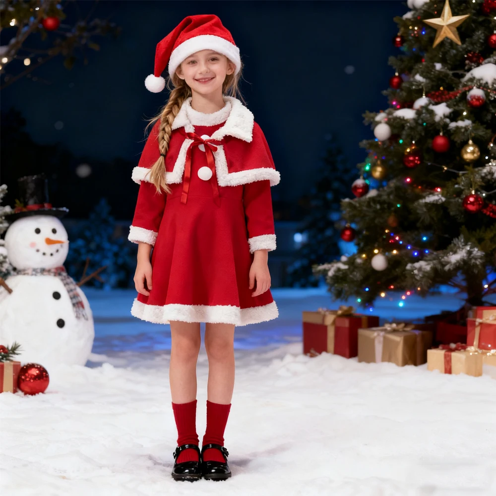 

MUABABY 2025 рождественское детское милое красное плюшевое платье с длинными рукавами, комплект рождественского карнавального праздничного платья, карнавальный костюм Санта-Клауса