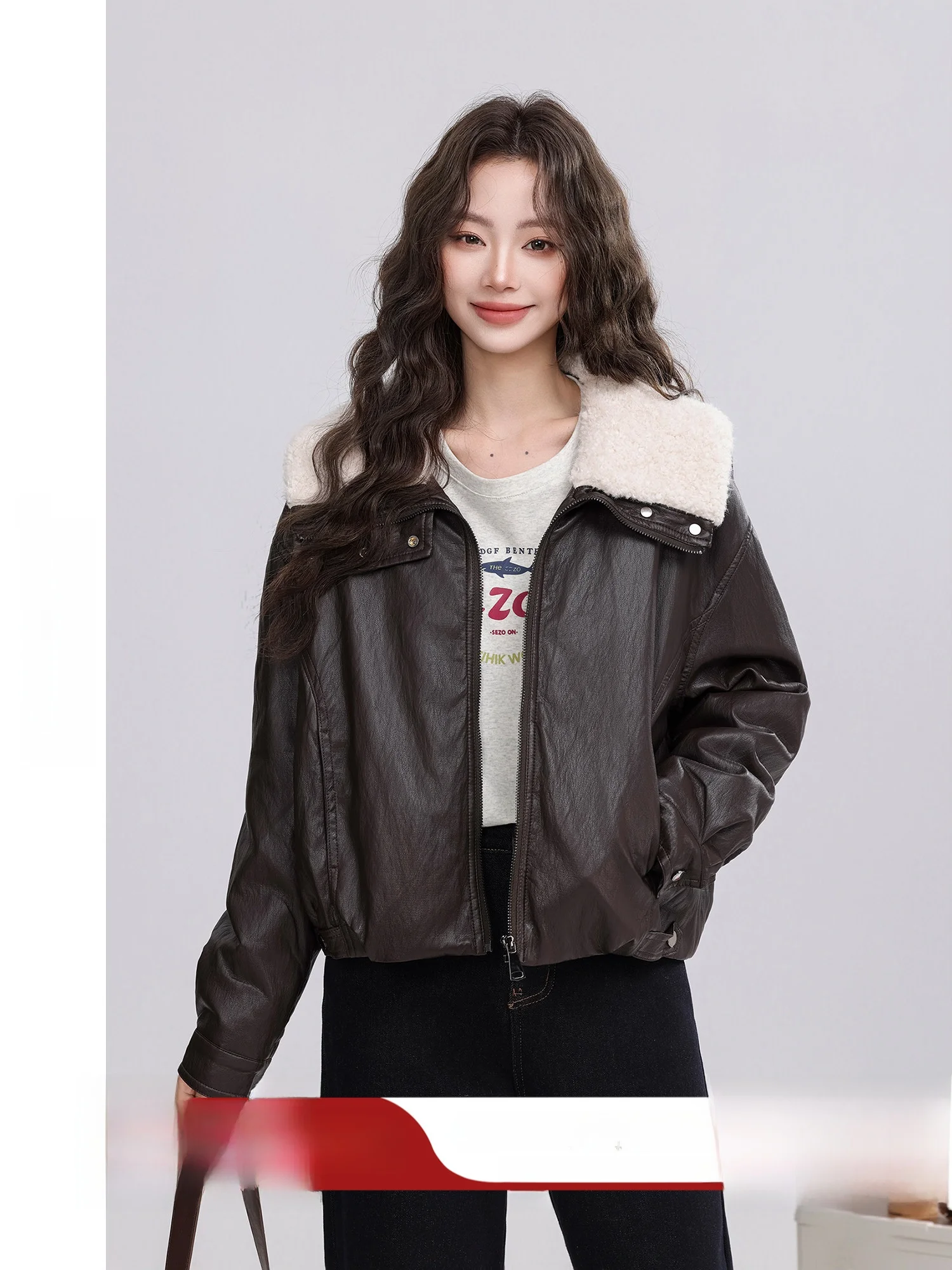 

Cool Short Retro Style Women's Leather Jacket with down Inner Vest Brown Tinge Fur Trimmed 2026 Winter New Arrival by YouGang