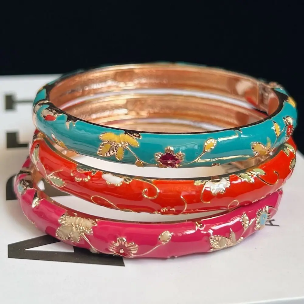 Enamel Chinese Cloisonne Bracelet Double Bangle Chinese Peony Filigree Flower Bangle Classic Ethnic Women's Hand Bracelet