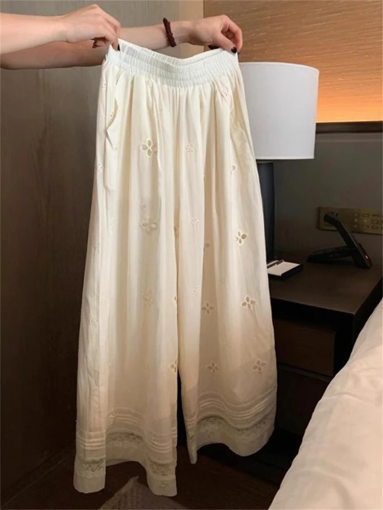 

High Waist Loose Wide Leg Casual Pants Women's Spring Lace Splicing Hollow out Leisure Trousers Korean Style Straight Leg Pants