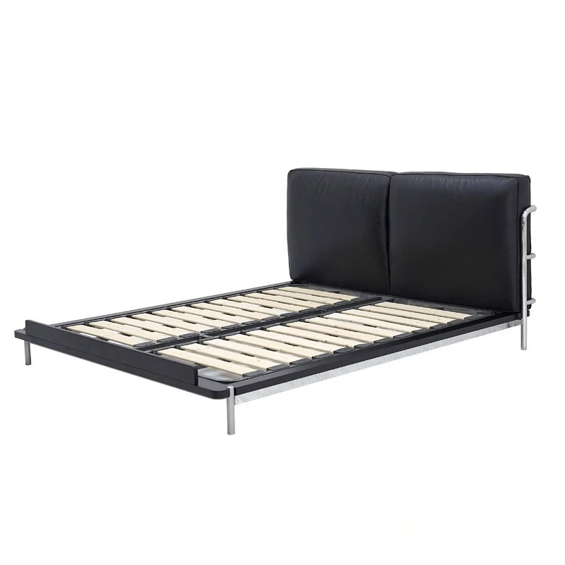 Leather bed, stainless steel double bed, master bedroom Italian minimalist black leather bed