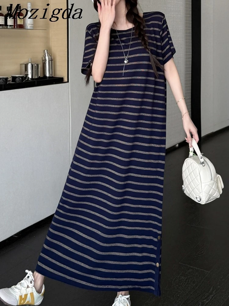 Summer Oversize Striped T Shirt Dress  Women Versatile Slimming Crew Neck Slit Hem Smart Casual Ladies Dresses Vestidos