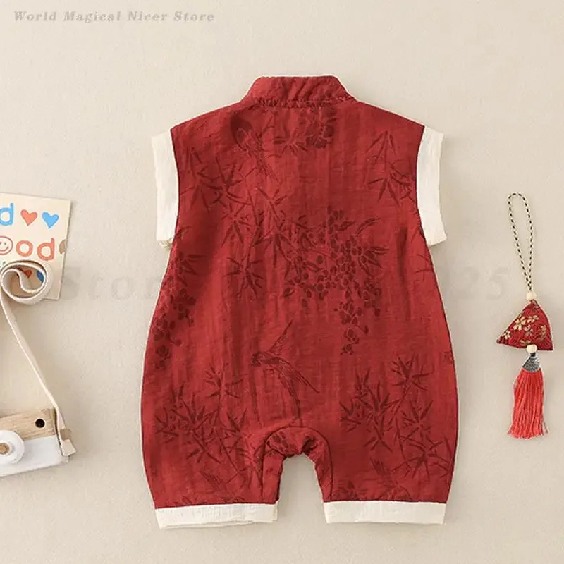 Trajes tradicionales chinos de verano, ropa Tang de Jacquard rojo, mono sin mangas para recién nacidos, pelele Kawaii para niños y niñas