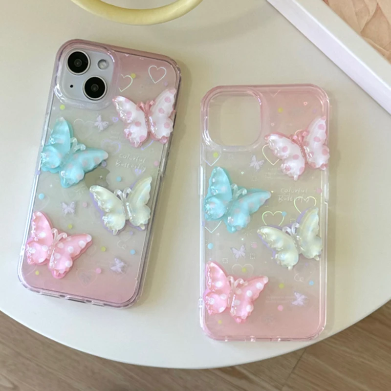 Korean Lovely 3D Polka Dot Butterfly Laser Love Heart Phone Case For iPhone 15 14 13 12 11 Pro Max Trendy Clear Back Cover Girls