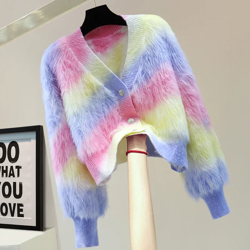 Luxury New Fuzzy Cardigan Women Gradual Color Mohair V-neck Plush Loose Sweater Japanese Style Retro Colorful Furry Knitted Coat