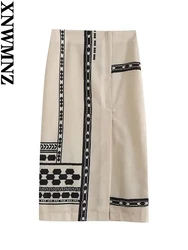 XNWMNZ-Saia Midi de Cintura Alta Feminina, Divisão Lateral, Design de Malha, Vintage, Versátil, Moda Feminina, Estilo Boêmio, 2023