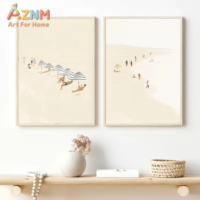 2pcs Summer Coastal Beach Wall Retro Poster Canvas Printing Abstract Little People Ocean Surfing Aesthetic Home Decoration Print