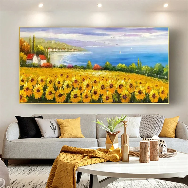 

Oil Painting on Canvas, Hand-Painted Sunflower Fields Oil Painting, Handmade Abstract 3D Flower Painting for Living Room Decor