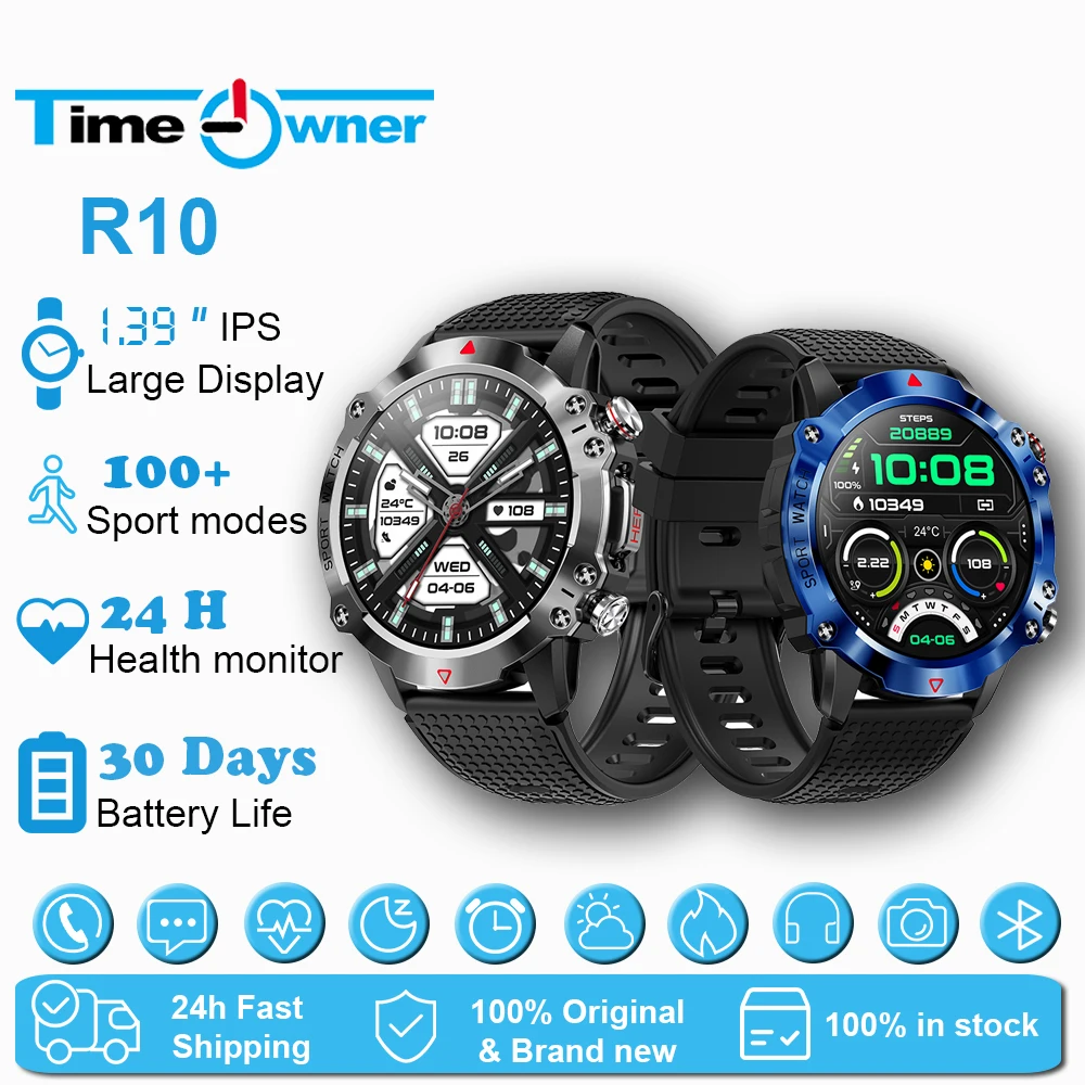 Time Owner 1.39 inch Outdoor Sports Smart Watch, Bluetooth Calling, IP68 Waterproof Connect to Android iOS Phone R10 Smartwatch