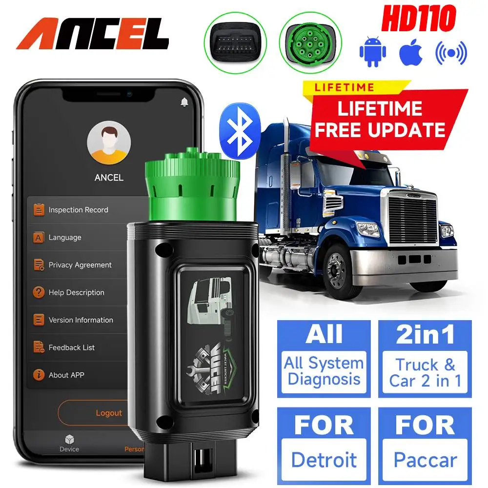 

ANCEL HD110 Bluetooth Diesel Heavy Duty Truck Car Diagnostic Tool 9/12 Pin OBD2 Scanner All System for Detroit Paccar D-PF Regen