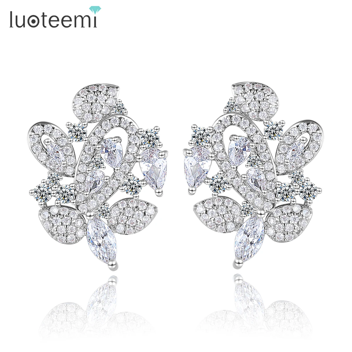 LUOTEEMI New Arrival Pure Clear Flower Zirconia Stud Earrings for Women Bridal Wedding Gifts High Quality Cubic Zircon Jewelry