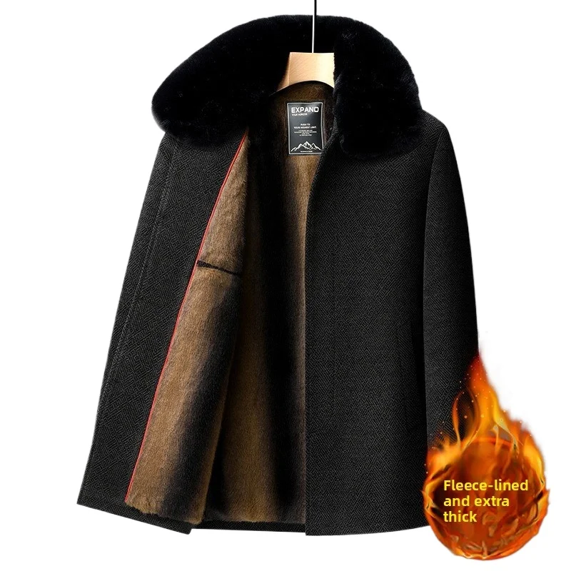 

Men's Fleece-Lined Thick Woolen Coat, Mid-Length with Turn-Down Collar, Warm Business Casual Autumn and Winter Jacket