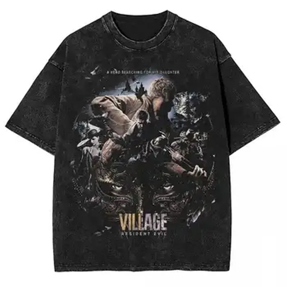 Resident Evil Village Fanart Biohazard Leon Kennedy Oversized T shirt 100% Cotton Vintage Washed T-shirt for men women J169