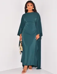 Muslim Clothing Women Fashion Satin Long Bat Sleeves Solid Dress Robe 2023 Autumn Elegant Round Neck Loose Maxi Long Dresses