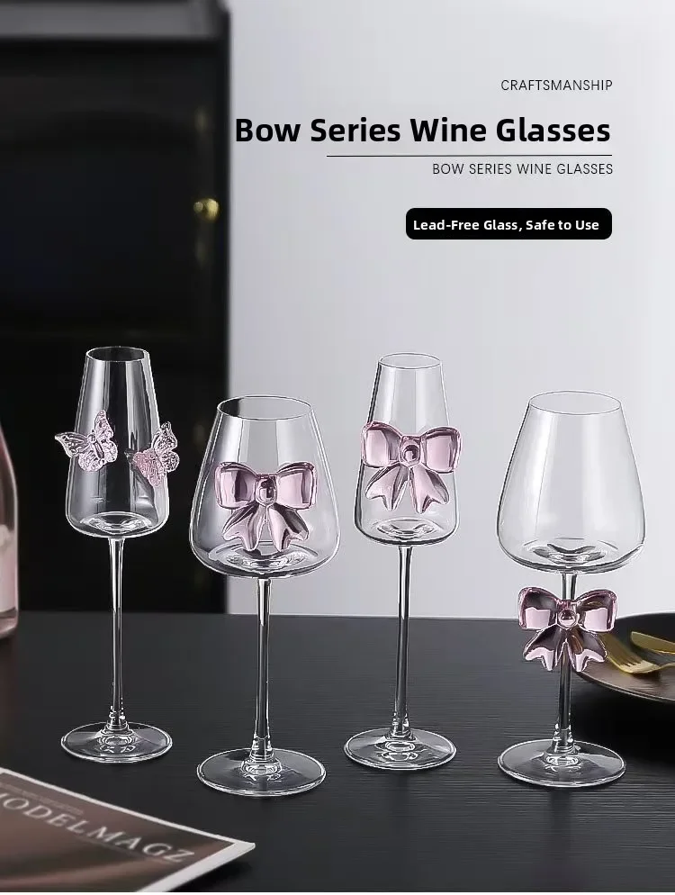 Charming Crystal Wine Glasses Pink  Knot High Foot Champagne Glasses Girl Cup Unique Cute Red Wine Glasses Set