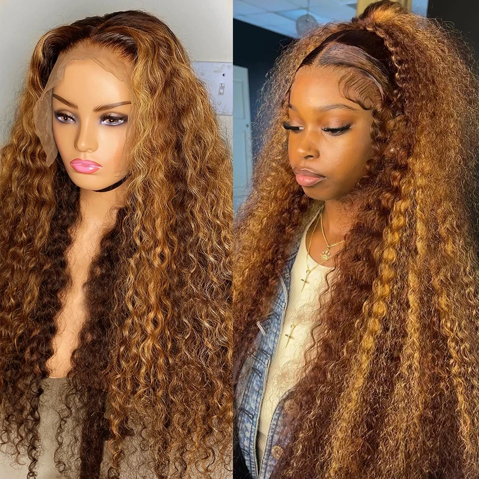 30 40 Inch Highlight Honey Brown Curly Lace Front Human Hair Wigs 13x6 13x4 Ombre Colored Deep Wave Lace Frontal Wig For Women