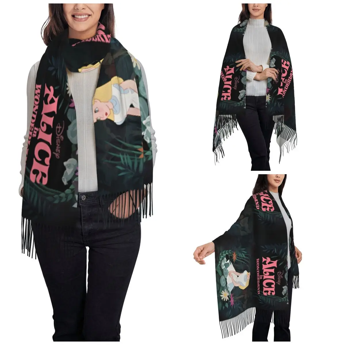 Alice In Wonderland Cartoon Scarf for Womens Fall Winter Pashmina Shawls and Wrap Brave Girl Long Shawl Scarf Ladies