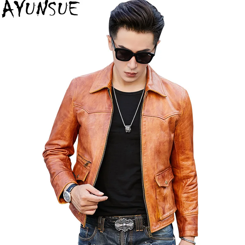 AYUNSUE Genuine Leather Jackets Cowhide Men's Jacket Short Down Mens Leather Jacket Winter Warm Mens Fashion Coats 양가죽 자켓 천연가죽