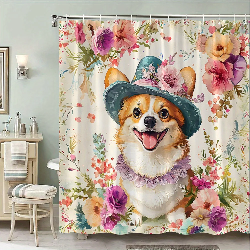 1pc 2D Flat Shower Curtain, Cheerful Corgi Teal Top Hat Pink Flower Floral Printed Shower Curtain, Decor for Bathroom