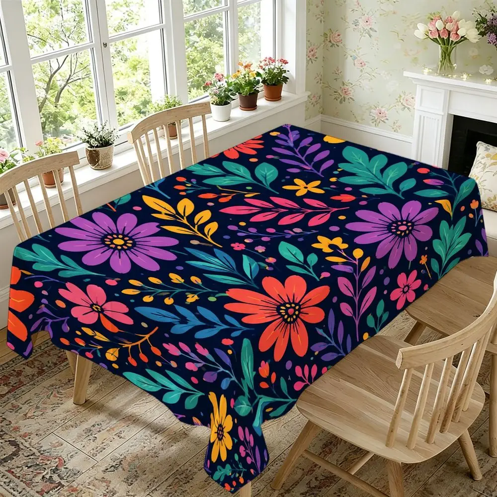 Boho Boho Floral Tablecloth - Dark Navy Blue Base with Vibrant Purple Red And Yellow Flower Prints, Rectangular Polyester Fabric, Washable Dining Table Cover for Home Kitchen Party Wedding Holiday Seasonal Decor - Aliexpress Deal