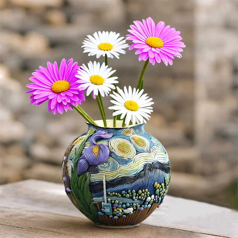 Starry Night Flower Pot Colorful Modern Art Vase Handmade Resin Planters With Drainage Hole For Home Art Decor