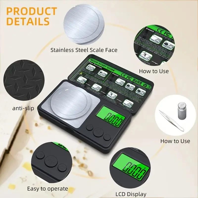 고정밀 0.001g 전자 보석 스테인리스 스틸 저울 측정 핀셋 분말 측정용 무게 보정 2025 신제품