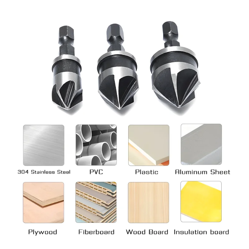 3 SZTUK Wiertło pogłębiające Hss Hex Chamfer Five Pears Hexagonal 90 Degrees Boring Drill Shank Carbon Steel Woodworking Tools Set — zdjęcie 5